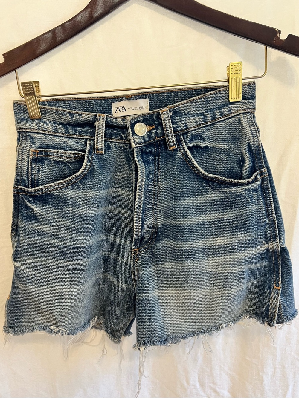Zara Distressed Mid-Blue High-Rise Denim Shorts
